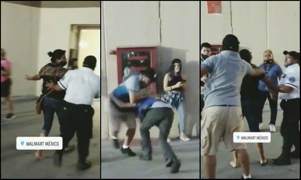 (Video) Pareja agrede a guardias de seguridad por supuesto robo